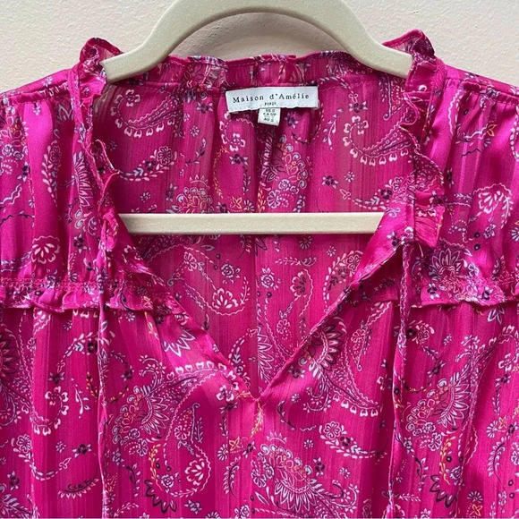 Anthropologie Maison d’Amelie Floral Pink Tie Neck Long Sleeve Blouse Size Small - Picture 8 of 8